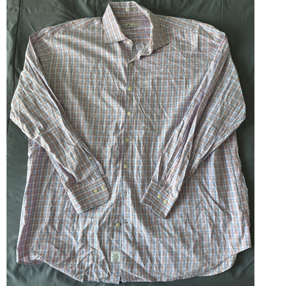Peter Millar Plaid Button Down Shirt Mens XXL Blue Orange White Cotton Excellent